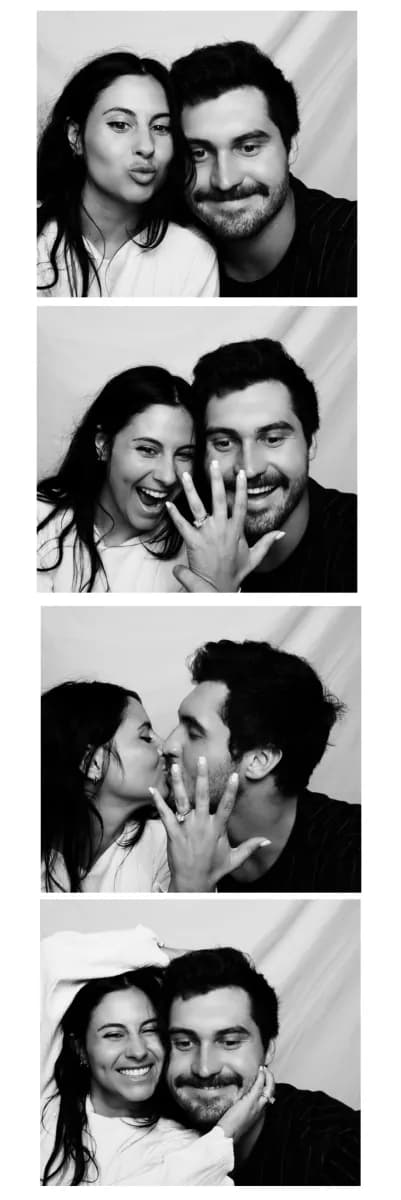 Engaged couple posing in a black-and-white photo strip