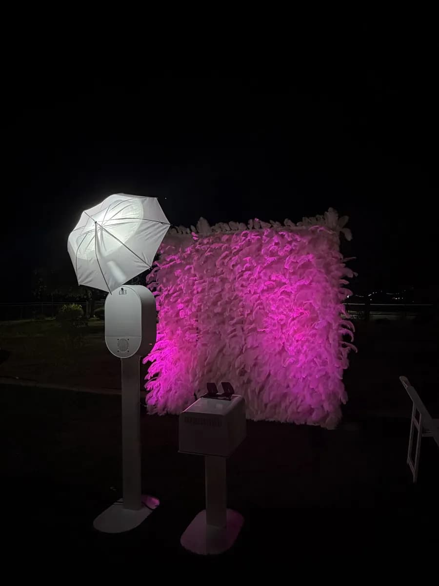 Honey Photobooth setup with a pink feather backdrop